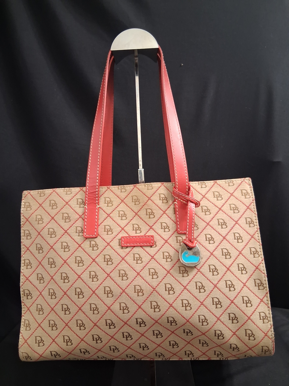 Dooney & Bourke Tan And Brown Canvas  Red Leather Handle Tote Purse